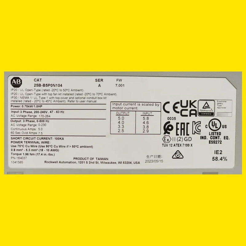 Allen Bradley 25b-b5p0n104 Powerflex 525 240vac 1hp