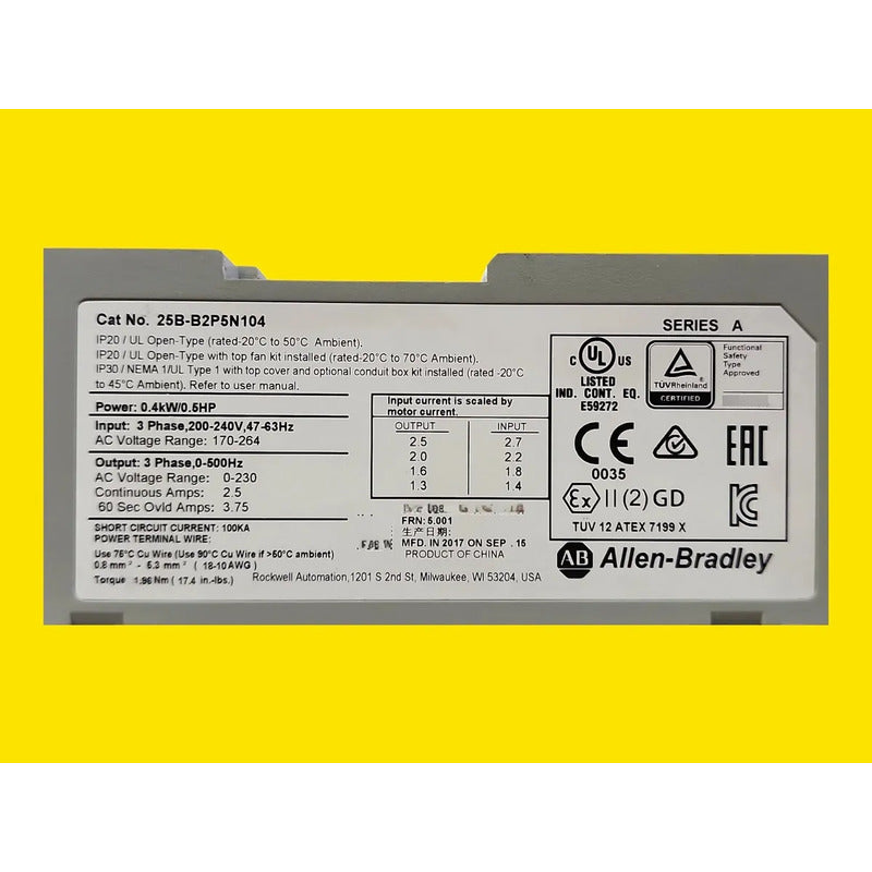 Allen-bradley Powerflex 525 25b-b2p5n104 0.4kw 0.5hp 240v