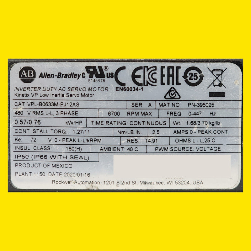 Allen-bradley Vpl-b0633m-pj12as Servo Motor Kinetix