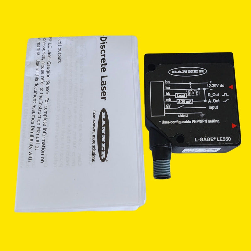 Banner Le550iq Laser Sensor, 1m, Current/npn/pnp, 30vdc.