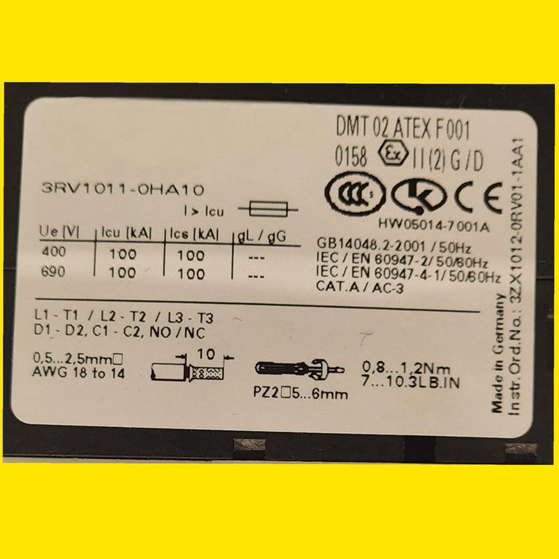 Siemens 3rv1011-0ha10 Guardamotor Termomagnético 50hz/60hz