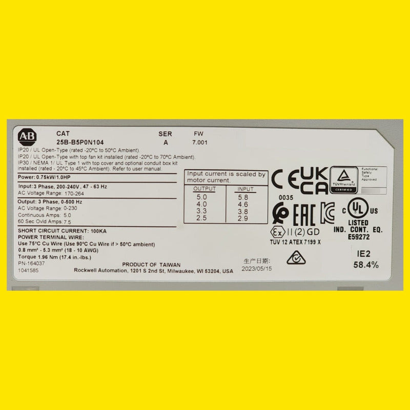 Allen Bradley 25b-b5p0n104 Powerflex 525 240vac 1hp