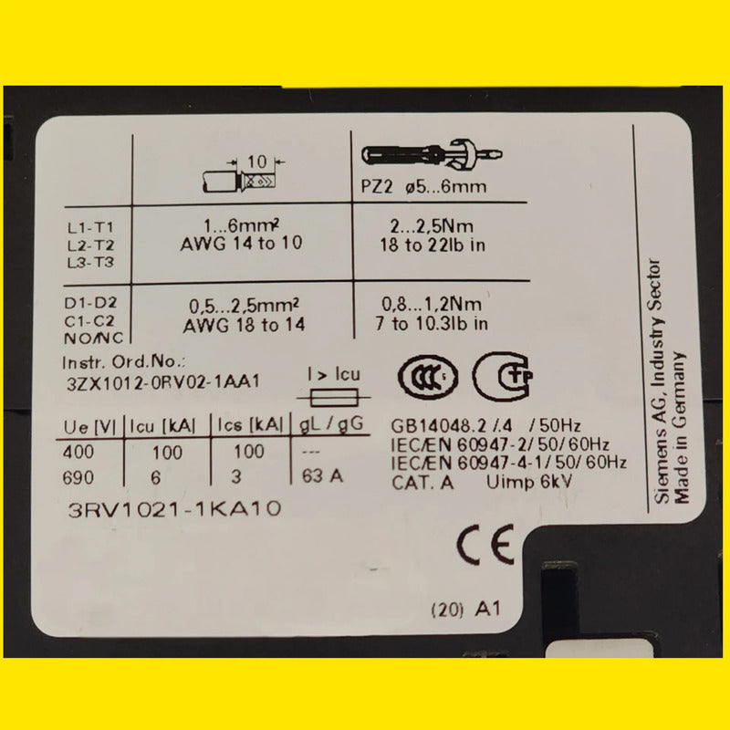 Siemens 3rv1021-1ka10 Arrancador Manual De Motor 50/60 Hz