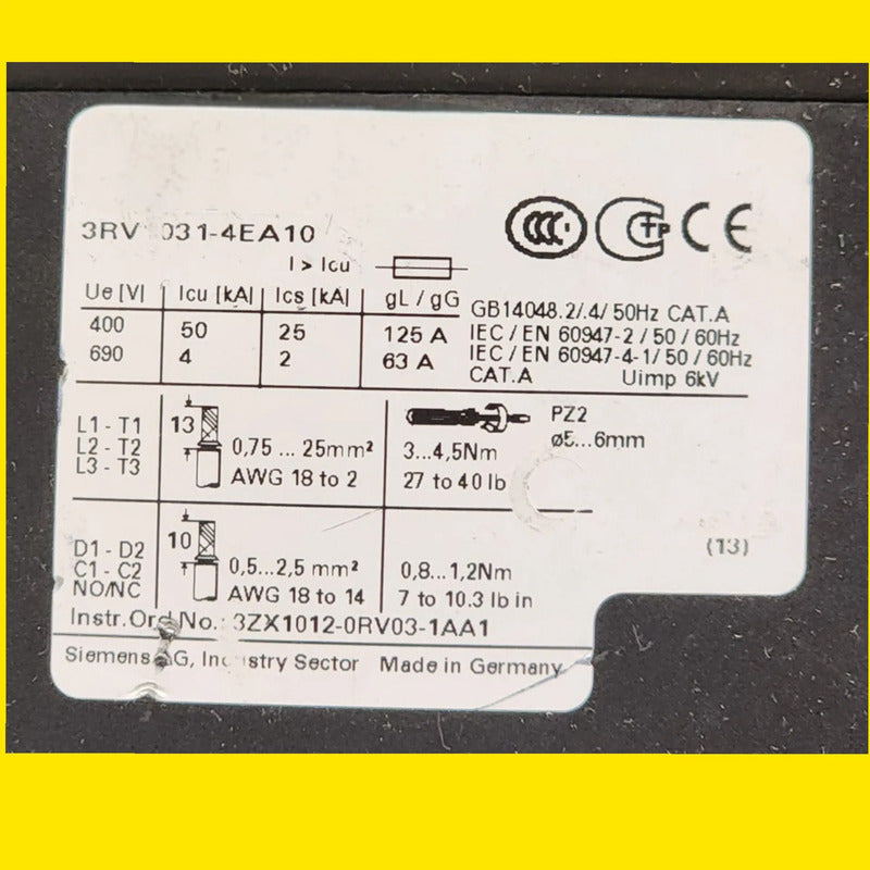 Siemens 3rv1031-4ea10 Guardamotor Termomagnético