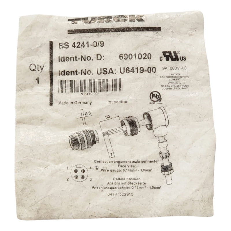 Turck Bs 4241-0/9  U6419-00  Conector Macho Angulo Recto