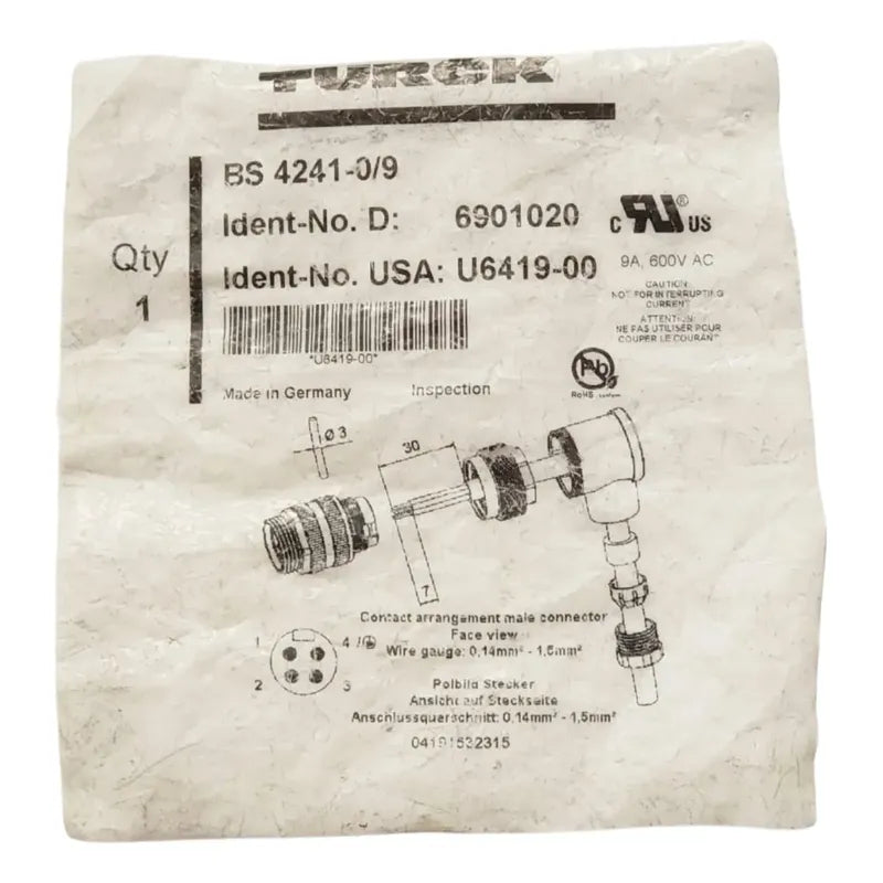 Turck Bs 4241-0/9  U6419-00  Conector Macho Angulo Recto
