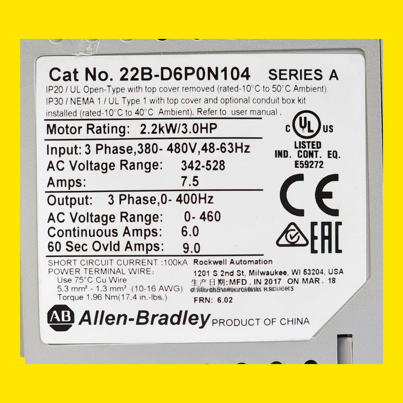 Allen-bradley 22b-d6p0n104 Powerflex 40 2.2kw 3.0hp