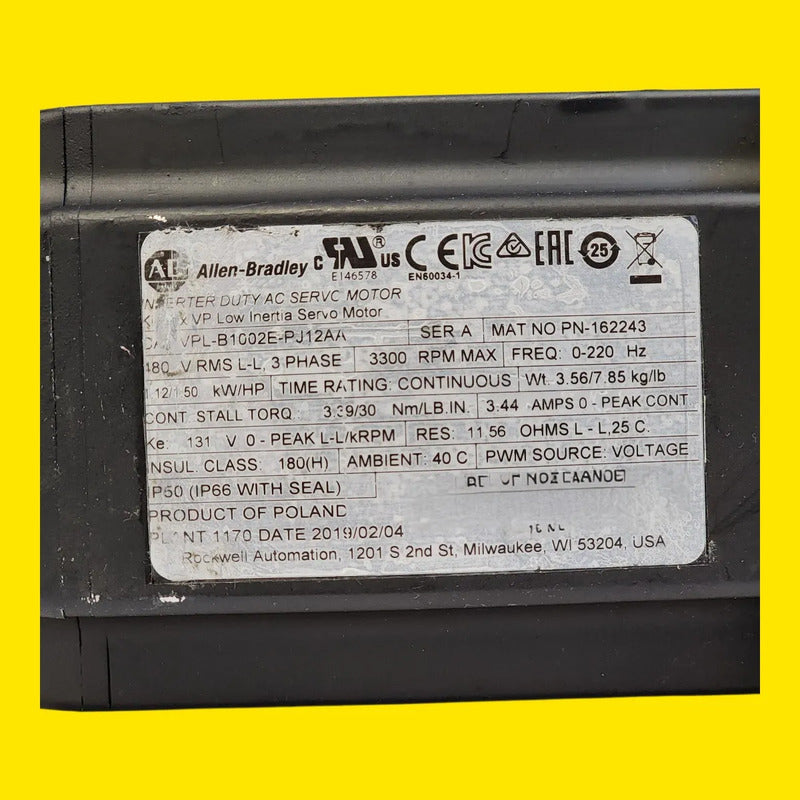 Servo Motor Allen Bradley Vpl-b1002e-pj12aa Kinetix
