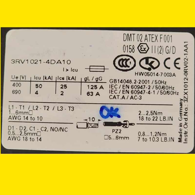 Siemens 3rv1021-4da10 Guardamotor Termomagnético 50/60 Hz