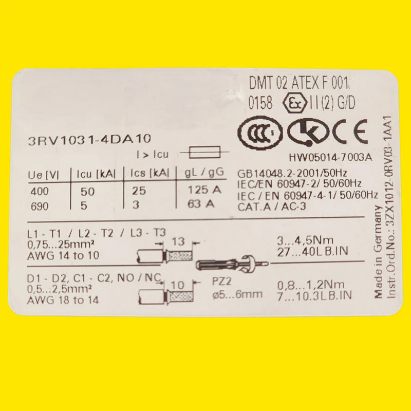 Siemens 3rv1031-4da10 Guardamotor Termomagnético 50hz 60hz